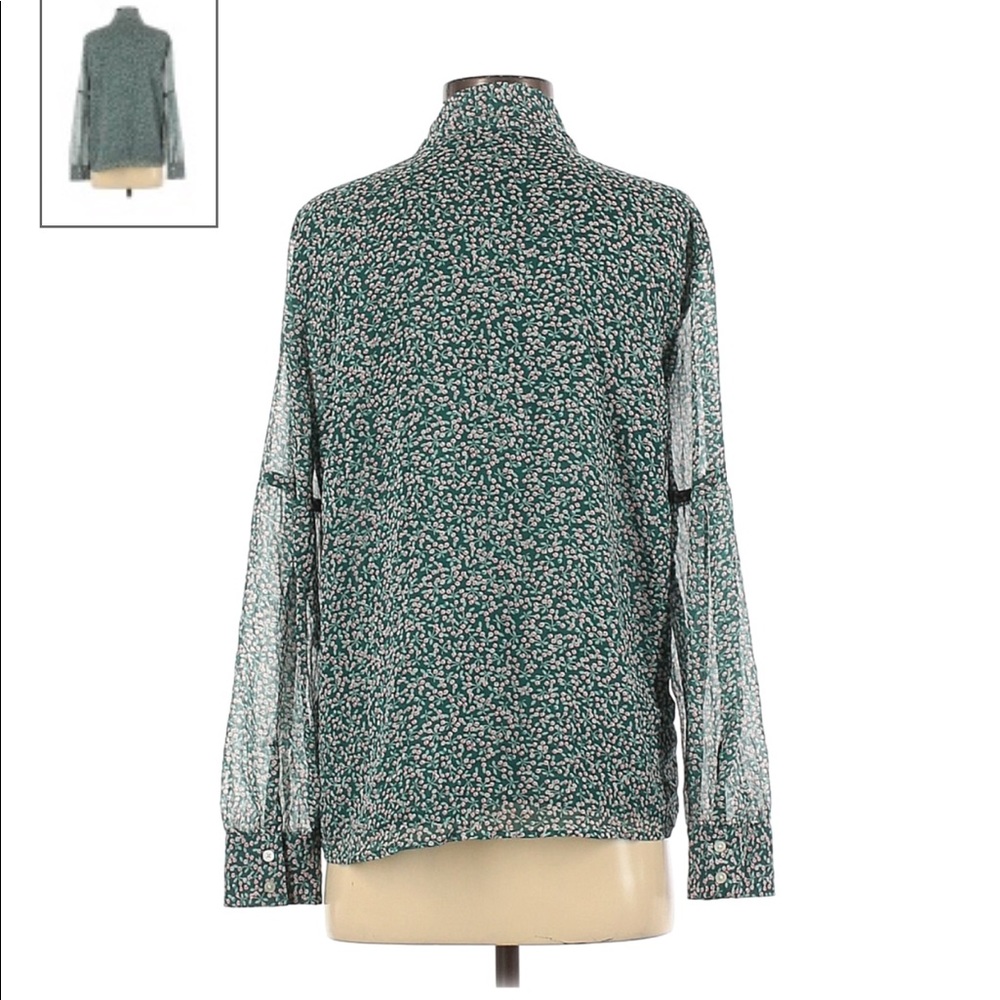 Loft Green Multi Cherry Floral Printed Sheer Long Sleeve Tye Neck Button Blouse - Picture 4 of 6